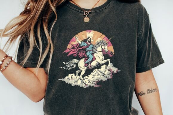 Jesus Rides Unicorn over Clouds PNG
